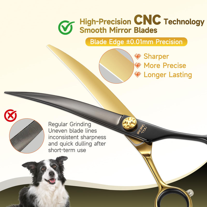 7'' Curved Dog Grooming Scissors CNC 440C Blades Sharp and Durable Dog Shears Black and Gold Pet Scissors Smooth Cutting Easy to Use for Professional Groomer Curved Scissors 7'' - PawsPlanet Australia