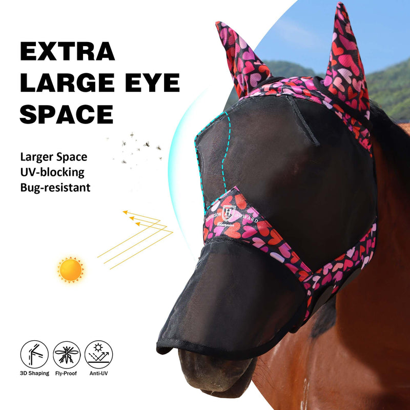 Harrison Howard Pro LumiVista Horse Full Face Fly Mask Large Eye Space Long Nose with Ears UV Protection for Horse Cute Hearts L - PawsPlanet Australia