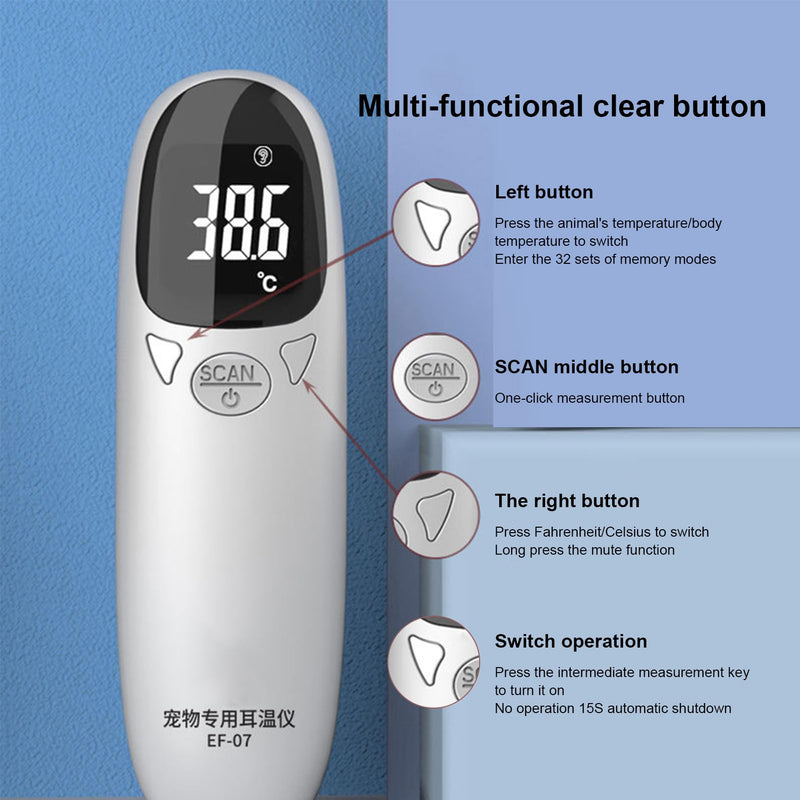 Dog Ear Temperature Monitor, Non-Contact Pet Thermometer, Digital Veterinary Thermometer with LED Display for Dogs and Cats, Ear Thermometer for Dogs or Other Animals, Quick and Accurate