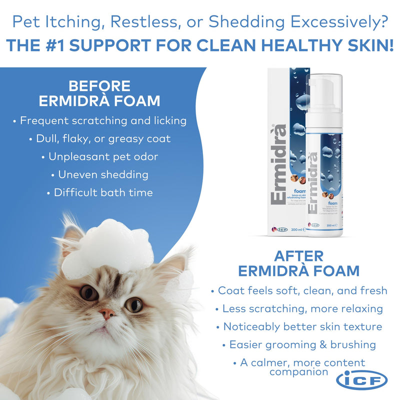 ICF | Ermidrà® Mousse Dog & Cat Dry Shampoo | Foam for Cleansing Soothing & Itch Relief | Relieves Dog & Cat Dry Skin, Rash, Scratching | 200 ml 200 ml (Pack of 1) - PawsPlanet Australia