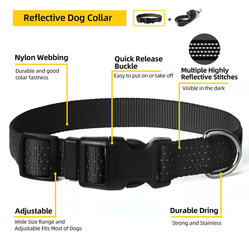 PetiFine Reflective Dog Collar, Adjustable Classic Nylon Dog Collars for Small/Medium/Large Dogs, High Visibility Dog Collars with Quick Release Buckle (Collar+Leash L, Black) Large(18"-26") - PawsPlanet Australia