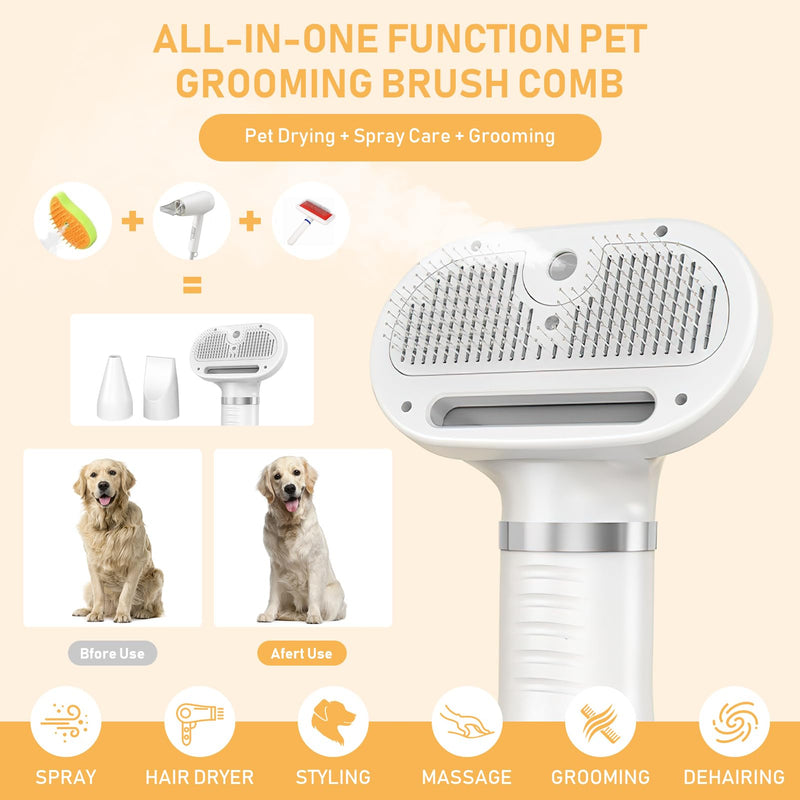 4-in-1 Pet Grooming Station: Steam Comb & Hair Dryer with Water Tank, 3 Heat Settings, Shedding Brush for Cats and Dogs, Home Washing Station, White - PawsPlanet Australia
