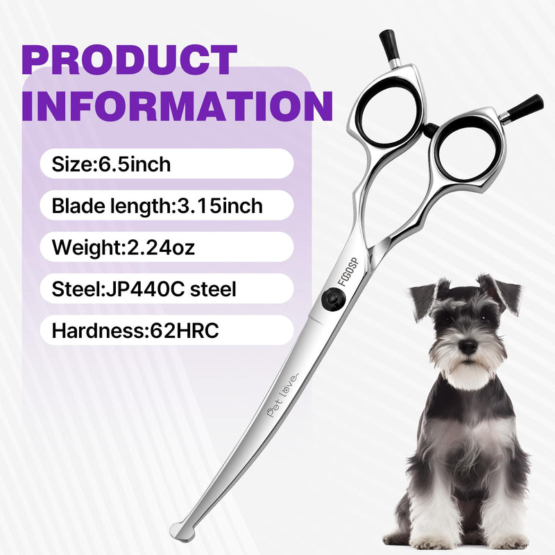 Curved Dog Grooming Scissors with Blunt Tip 6.5 in Round Curve Shears for Pet Dogs Cat Japan 440C 30°Arc Upward & Downward for Trimming Face and Paws at Home Safety Safety Curved - PawsPlanet Australia
