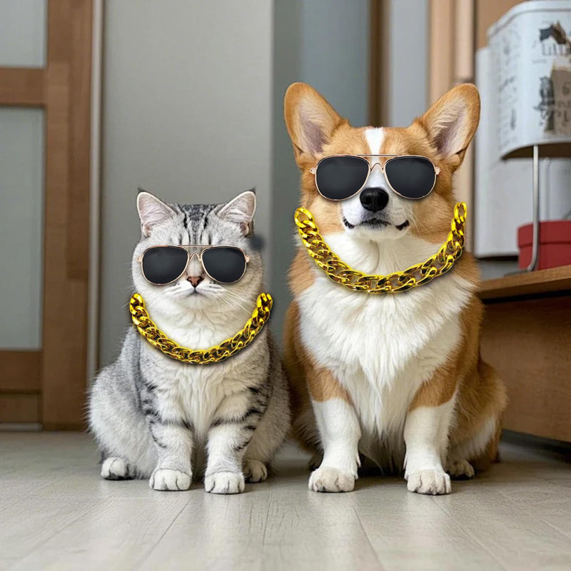 2 Pcs Gold Cat Chain Collar and Glasses Set, Adjustable Cat Cuban Link Collar with Black Glasses, Lightweight Pet Jewelry and Stylish Accessories - PawsPlanet Australia