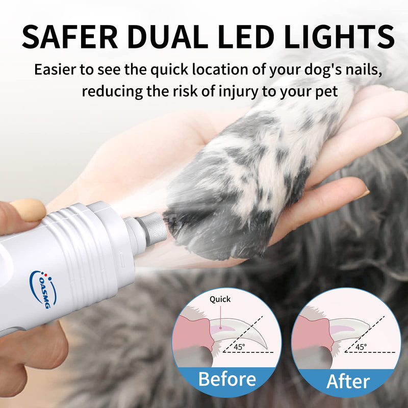 Dog Nail Grinder Professional Pets, 3-Speed Electric Quiet Dog Nail Grinder, Rechargeable Dog Nail Trimmers - with 2 LED Lights/2 Grinder Wheels, for Small, Medium, Large Dogs (White) White