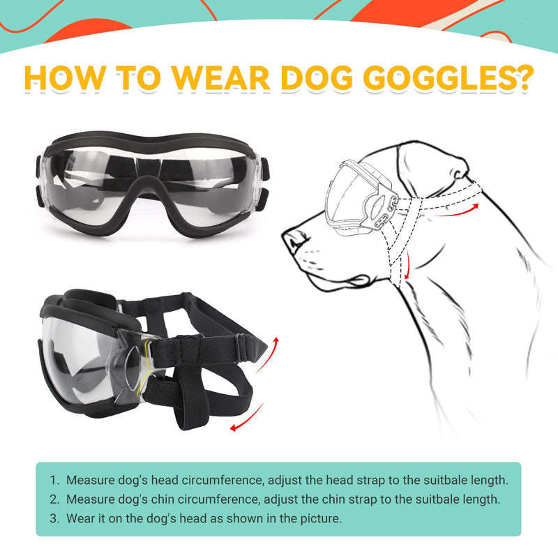 Dog Glasses for Large Dogs, 2PCS Black and Clear Lens Dog Sunglasses Medium Breed, UV Protection Adjustable Windproof Dog Goggles Driving Black+Clear