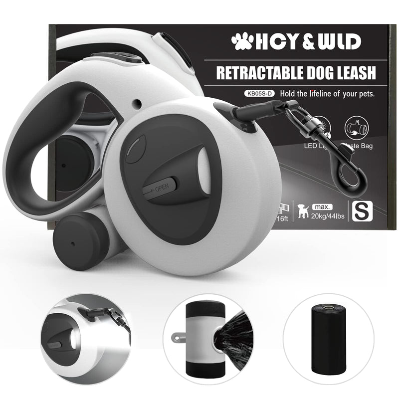 HCY&WLD Upgrade 4-in-1 Retractable Dog Leash with LED Light & Dispenser & Poop Bags, 16 ft Heavy Duty Dog Leash with Anti-Slip Handle for Dogs up to 44 lbs, 360° Tangle-Free, One Button Brake & Lock S - Max 44 lbs