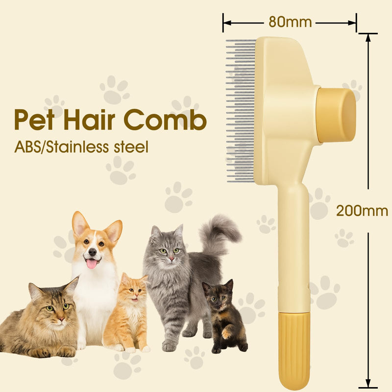Self-Cleaning Cat and Dog Comb – 2-in-1 Pet Hair Removal and Flea Comb with Stainless Steel Teeth and One-touch Release Button, Suitable for Hair Removal, Detangling, and Grooming Yellow