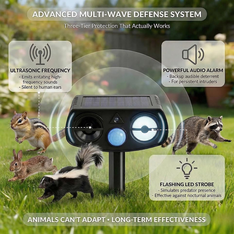 Solar Ultrasonic Animal Repeller Outdoor, Motion Sensor Waterproof Pest Deterrent, Raccoon Skunk Fox Squirrel Rabbit Dog Cat Deer Repellent for Yard Garden Farm, 33ft 120° Coverage, 2 Pack Black Matt Black - PawsPlanet Australia