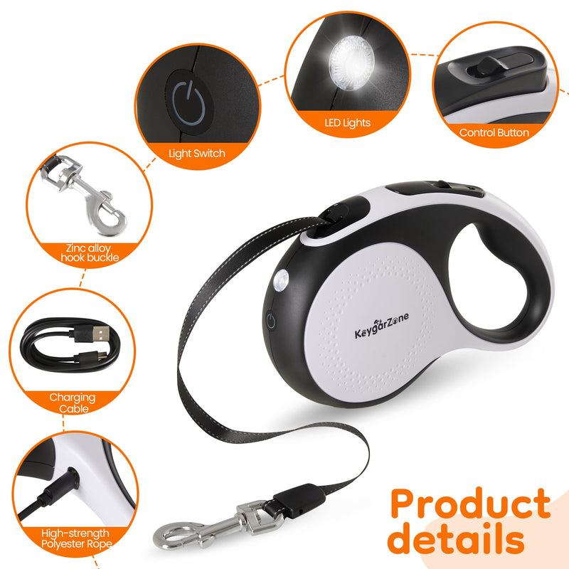 Retractable Dog Leash for Large Dogs with LED Light, 16.4ft Long Pet Leash up to 110lb Pull, 360° Tangle-Free One-Button Control for Small & Large Dogs & Cats, with Charging Cable, White - PawsPlanet Australia