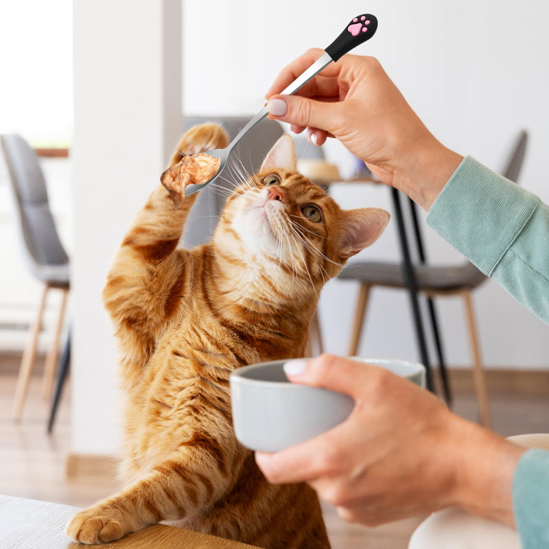 2 Pcs Dog Cat Spoon Pet Can Stainless Steel Cat Claw Long Handle Food Scoop Feeder for Wet Food and Can (White and Black) - PawsPlanet Australia