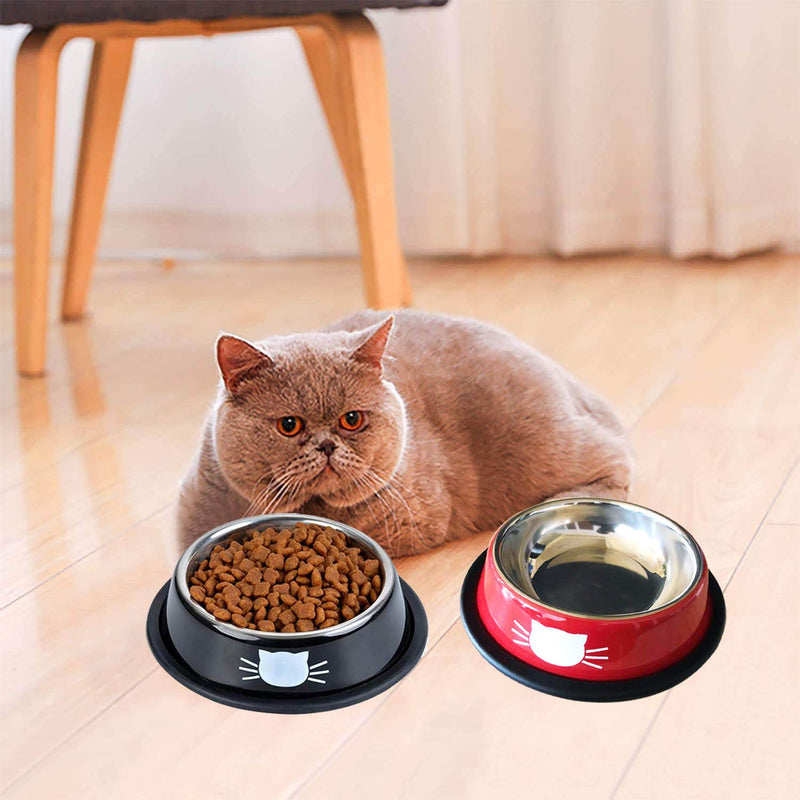 3 PCS Cat Bowls,SUOXU Stainless Steel Pet Bolws,Non-Skid Base Leak-Proof Cats Food Bowl,Feeding Bowls for Cats,Cat Water Bowl with Cute Cats Painted Black*2/red