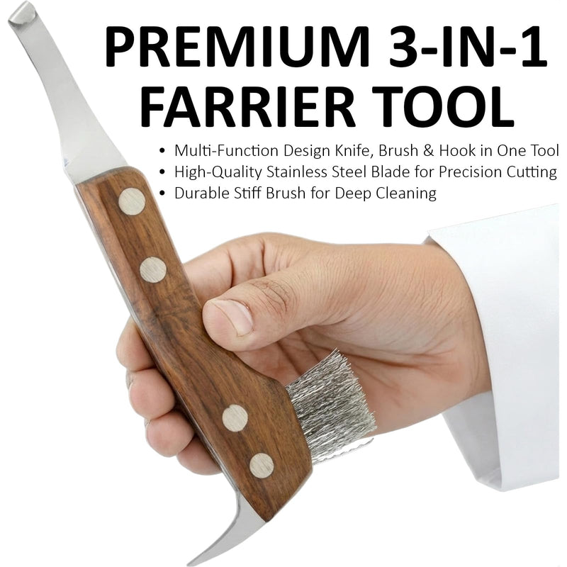 – 3-in-1 Hoof Knife, Hoof Brush & Pickup Tool (Wooden) Wooden