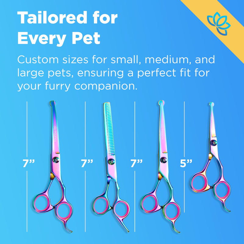 Equinox Dog Grooming Scissors & Deshedder - 7 in 1 Pet Grooming Scissors Set with undercoat brush - Curved Dog Scissors with safety tips - Includes Thinning & Rounded Shears - For dogs & cats Rainbow- Pet Grooming - PawsPlanet Australia