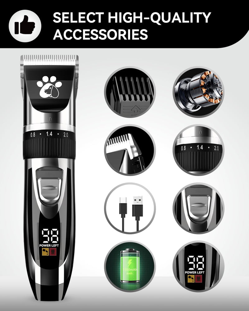Dog Clippers Cordless, Dog Grooming Kit, Low Noise Rechargeable LED Display Pet Trimmer (Black) Black