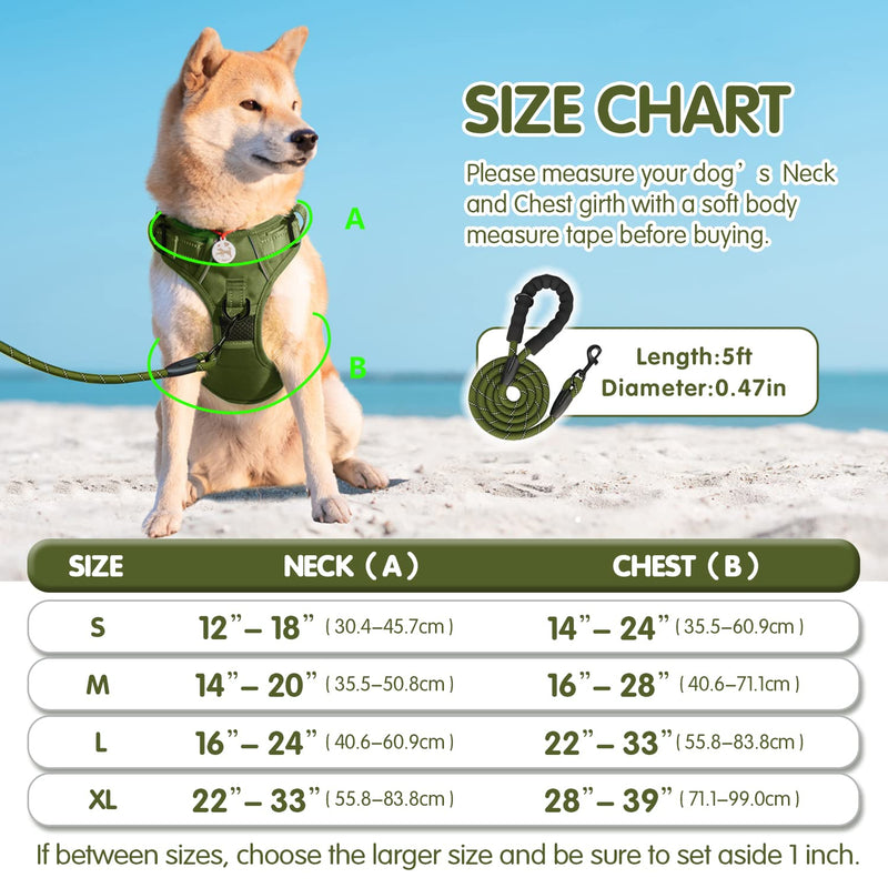 PoyPet No Pull Dog Harness and 5 Feet Leash Set, Release on Neck Reflective Adjustable Pet Vest, Front & Back 2 D-Ring and Soft Padded Pet Harness with Handle for Small to Large Dogs(Military Green,L) L Military Green - PawsPlanet Australia