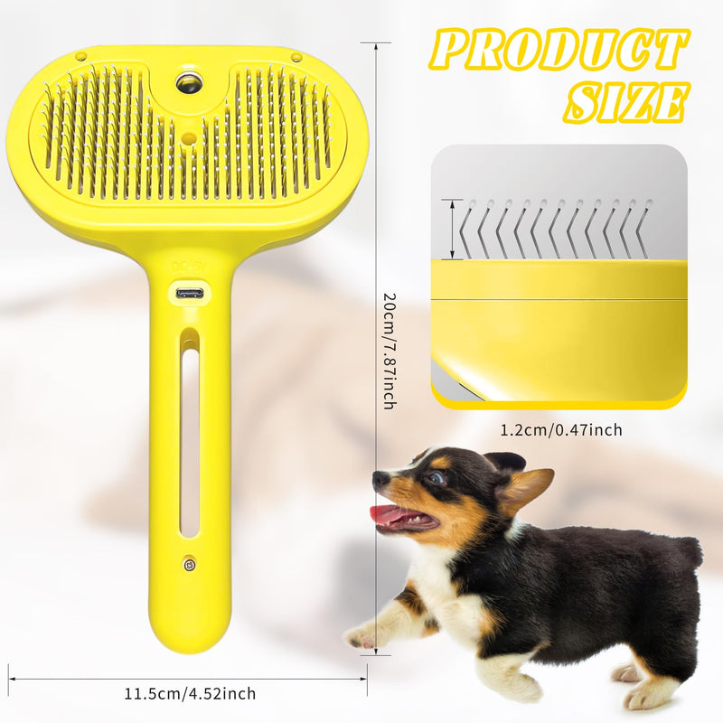 QOQ Self-Cleaning Spray Cat Brush for Shedding, Removes Static Flying Hair, and Works Wonders for Both Long and Short-Haired Pets 2 In 1 Cleaning Brush for Cats And Dogs Grooming (Yellow) Yellow - PawsPlanet Australia