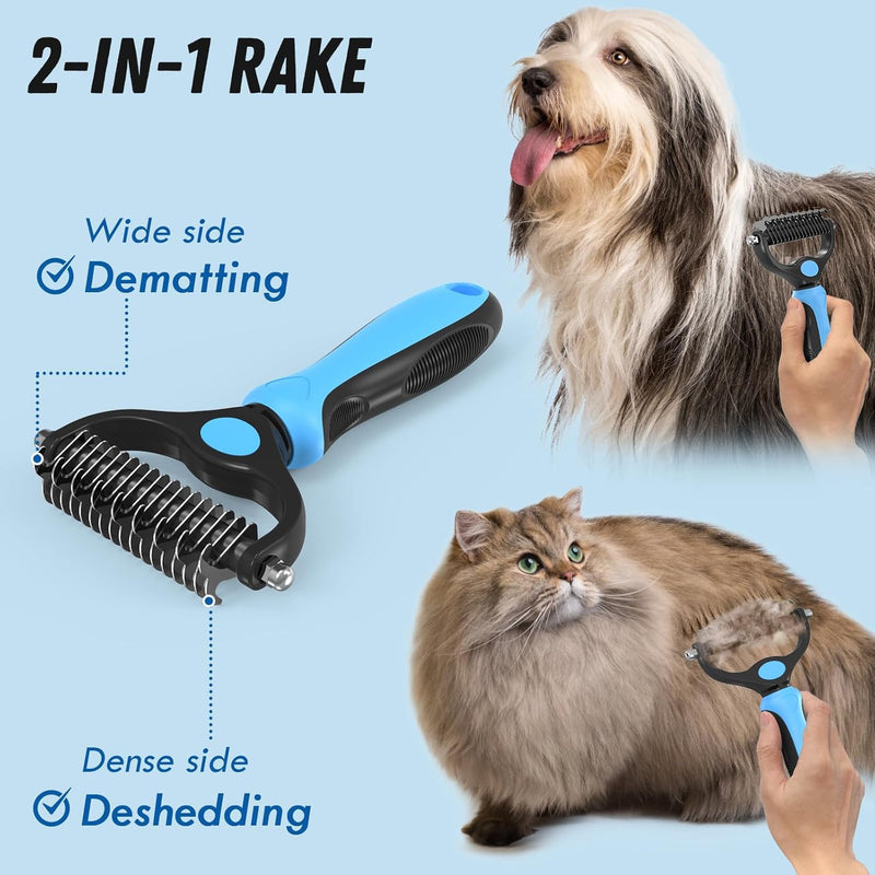 Pet Grooming Combo - Blue Deshedding Brush with Metal Comb for Detangling and Dematting Long, Matted Fur on Cats and Dogs - PawsPlanet Australia