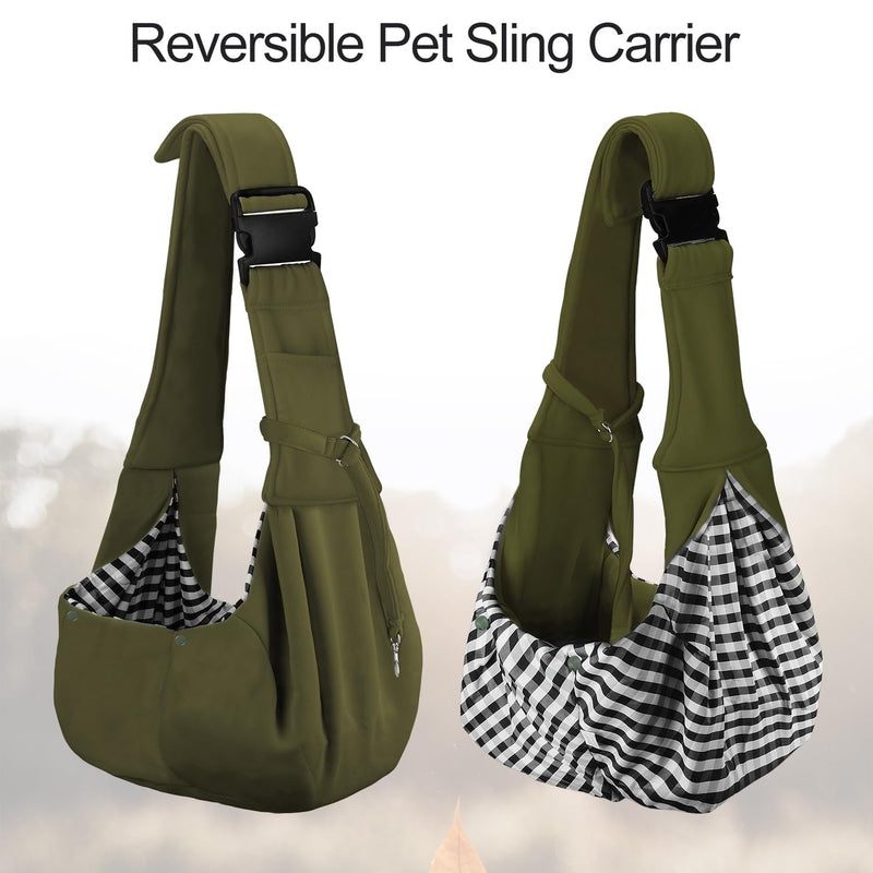 PETLOFT Reversible Dog Cat Sling Carrier, Small Dog Carrier, Adjustable Dog Sling, Hands Free Cross Body Carrier with Collar Hook for Dog/Cat/Bunny up to 11lb (Army Green) Army Green - PawsPlanet Australia