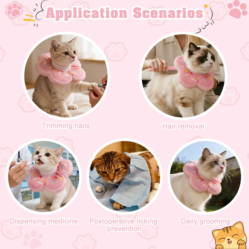 QKURT Cat Cone Collar Soft, Adjustable Waterproof Pet Recovery Collar, Cute Donut Pattern Neck Cat Cones After Surgery, Prevent Licking Biting Protect Wounds for Puppies, Cats, Petal Shape Pink S