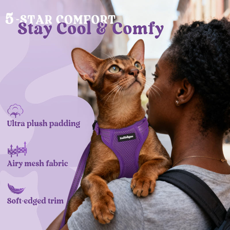 rabbitgoo Cat Harness and Lead Set, Escape Proof Kitten Harness with 3 Adjustable Buckles, Soft Comfortable Cat Vest with Leash, Easy to Wear, Reflective for Safe Outdoor Walking, Small, Purple