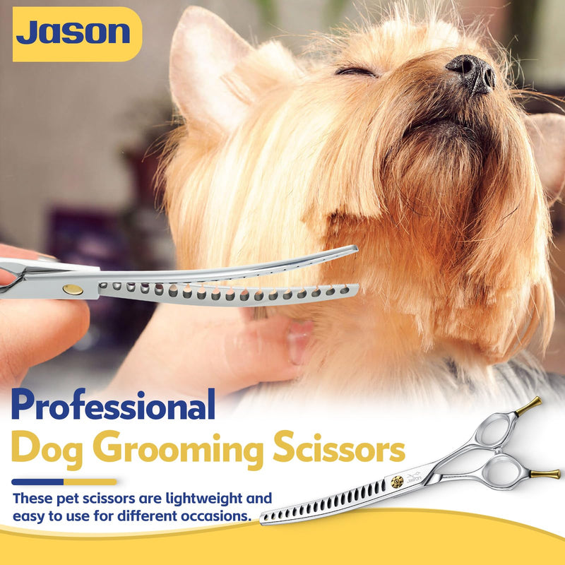 JASON Dog Scissors for Grooming - 7" Up-curved Chunker Shears with 65%-70% Thinning Rate, Professional Japanese 440C Stainless Steel Dog Grooming Chunkers with Adjustable Screw (18 Teeth, Silver) Up-curved Chunkers02 - PawsPlanet Australia