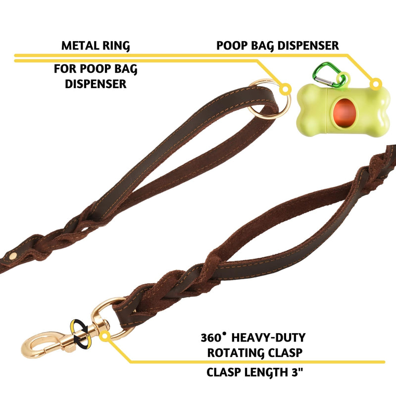 ADITYNA - Double Handle Leather Dog Leash 6ft - Heavy Duty Braided Dog Leash with Traffic Handle - Lead for Training and Walking Medium Large Breeds (Brown, Two Handles 6 Foot x 5/8") Two Handles 6 foot x 5/8" Brown - PawsPlanet Australia