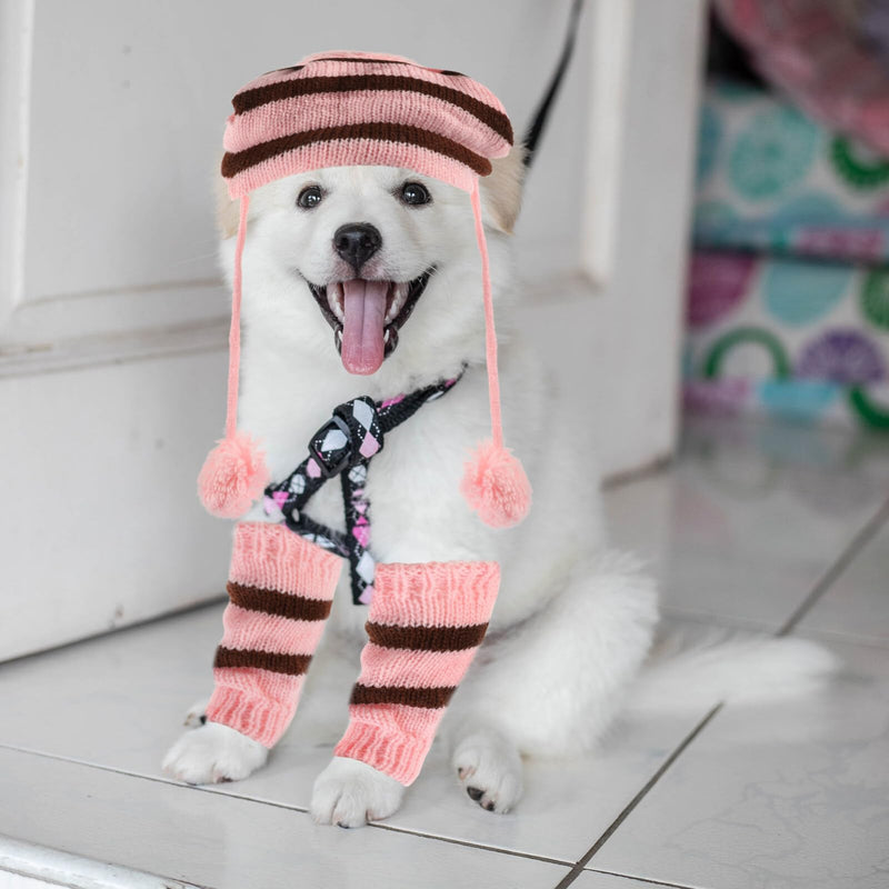 POPETPOP Knitted Winter Dog Scarf Hat Set - Winter Warm Caps Neck Warmer Knitted Scarf Hat Leg Warmers Knitted Hat for Dogs Pink M - PawsPlanet Australia