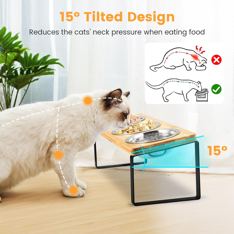 3pcs Cat Bowl with 15° Tilted Stand, Raised Cat Feeding Bowls Stainless Steels for Food and Water, Bamboo Elevated Feeder Bowls for Cats and Puppy, Anti Slip Tilted Feeding Station - PawsPlanet Australia