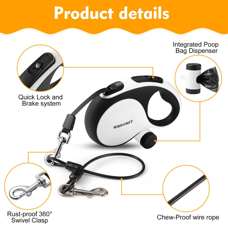 Retractable Dog Leash with Chew Proof Cable, 26Ft Heavy Duty Dog Leash for Small Medium Large Dogs up to 110lbs, 360° No Tangle, One-Handed Brake White Large - 26 ft - PawsPlanet Australia