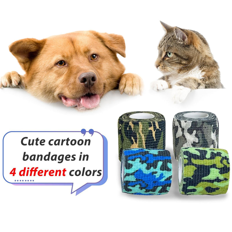 kathson 16PCS Vet Wrap Tape Veterinarian Self Adhesive No Chew Bandage Wound Dressing Medical Bandage Gauze for Animals Pets Dogs Cats Horses Ear Feet Paw Tail Injury(Black，Brown，Green，Jungle Color 4xblack，4xbrown，4xgreen，4xjungle Color - PawsPlanet Australia