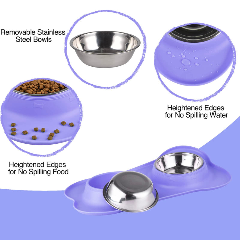 Dog Bowls 2 Stainless Steel Bowl for Pet Water and Food Feeder with Non Spill Skid Resistant Silicone Mat for Pets Puppy Small Medium Cats Dogs 6½ oz ea Purple