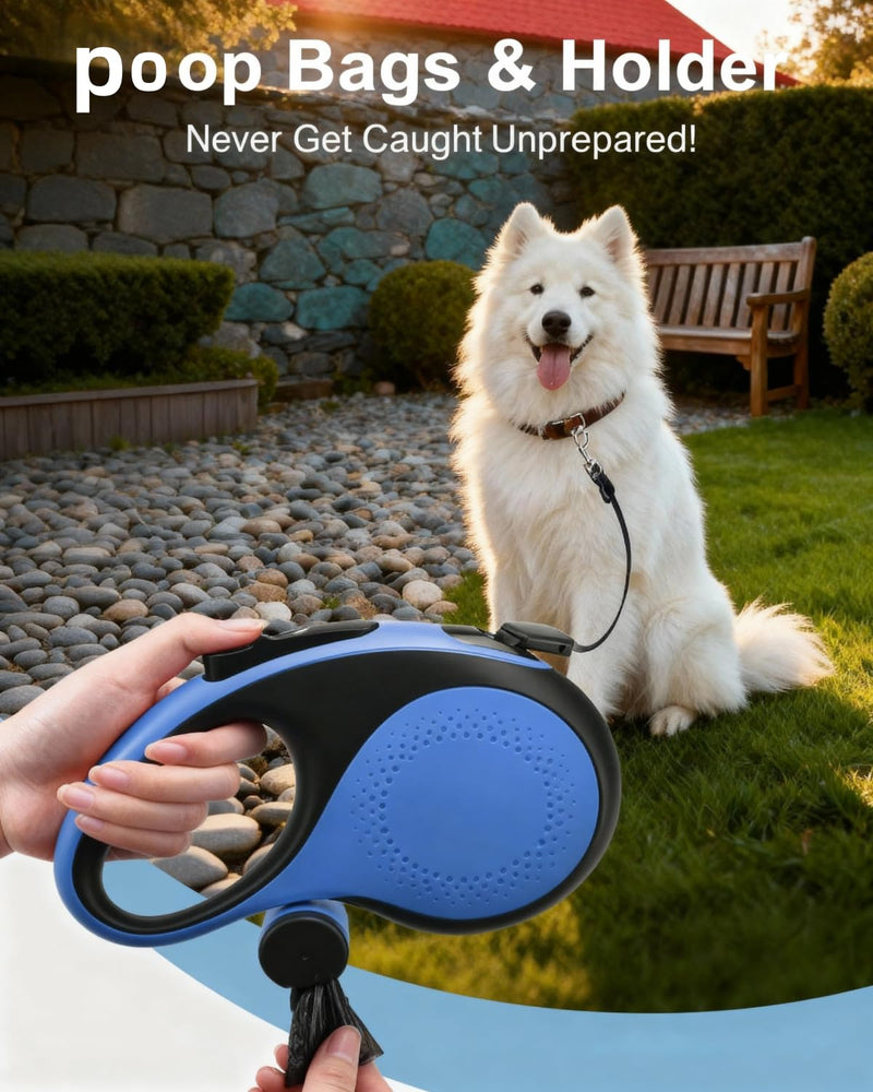 26FT Heavy Duty Retractable Dog Leash for Large Dogs Up to 110lbs,Chew Proof Nylon,360° Tangle-Free,One-Hand Brake Lock,Anti-Slip Grip,Extendable Leash with Poop Bag Holder (Blue) Blue Large - 26 ft