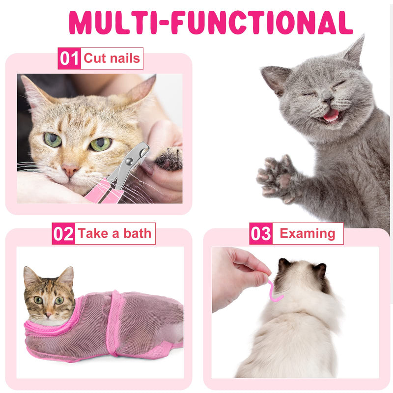 9 Pieces Cat Bathing Bag Set Cat Shower Bag Anti Bite and Anti Scratch Cat Grooming Bag for Pet Washing Brush Comb, Cat Muzzle, Nail Clipper, Nail File, Tick Tool (Pink) Pink - PawsPlanet Australia