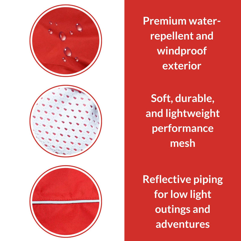 DJANGO Dog Jacket & Raincoat – Lightweight Water-Resistant Coat for Small, Medium & Long Dogs Like Dachshunds – Reflective, Adjustable Fit, Harness-Compatible & Easy-Access Harness Hole - Red, Large Cherry Red - PawsPlanet Australia