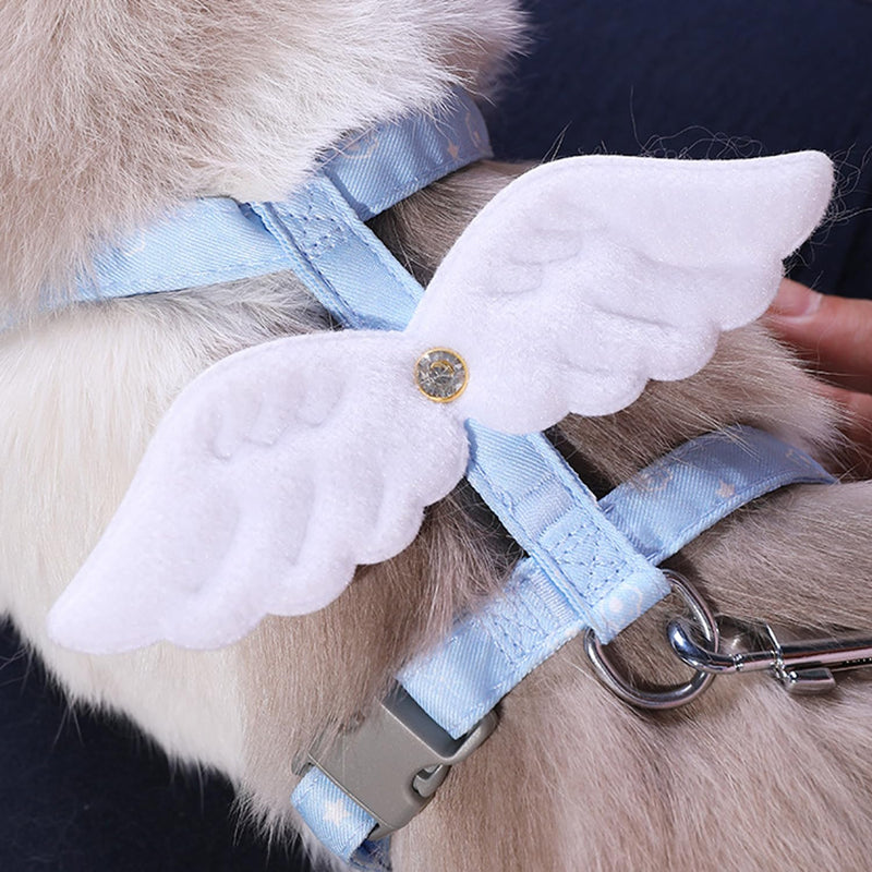 Cat Harness and Leash Set White Wing for Outdoor Travel Walking Escape Proof Soft Safe Adjustable Kitten Puppy Small Strap Angel Style, Blue S Blue Wing