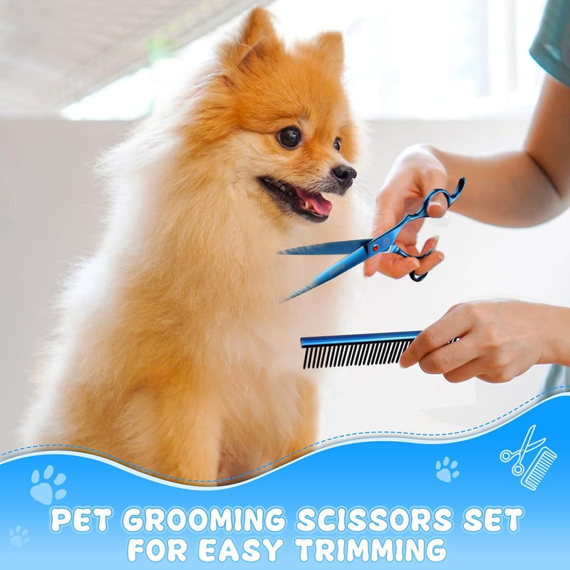 Professional Dog Grooming Scissors, with Safety Round Tips Stainless Steel Professional Dog Grooming Shears Set Straight, Thinning, Chunker, Curved Shears for Long Haired Pet(Blue) Blue