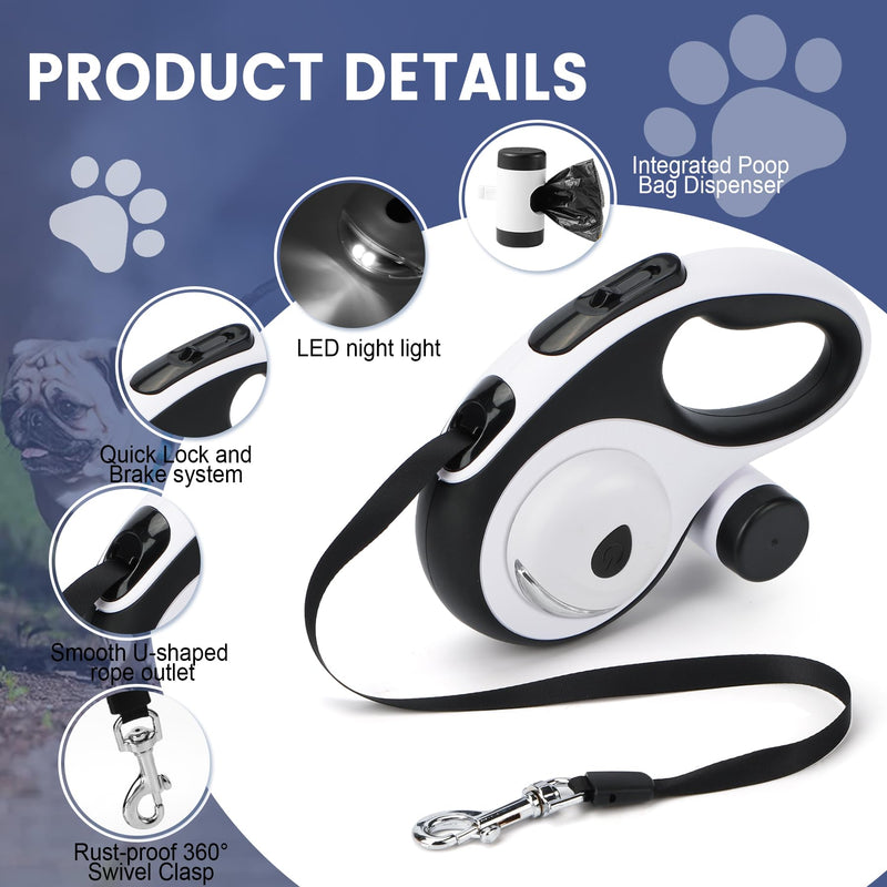 Dual Retractable Dog Leash for 2 Medium Dogs (Up to 66LBS Each) - Double Headed Pet Leash with Poop Bags and LED Light, One Button Brake & Lock, 360 Tangle-Free (White, Medium) WHITE - PawsPlanet Australia