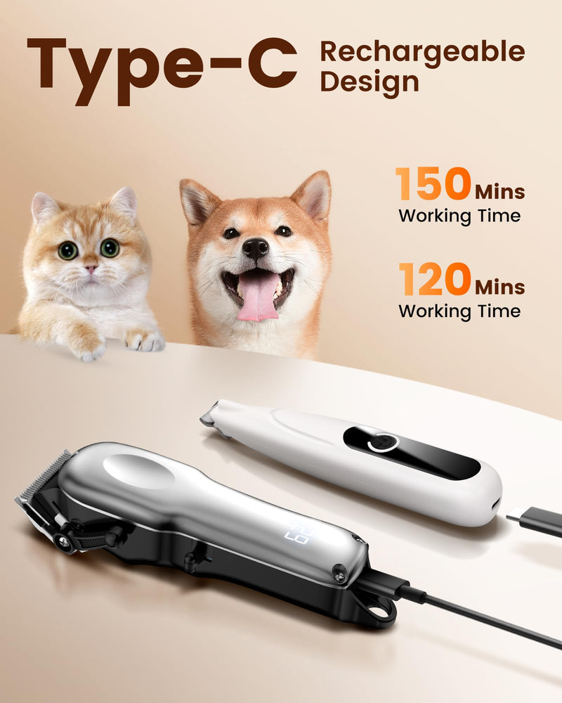 Dog Grooming Kit with Dog Paw Trimmer for Heavy Thick Hair, Low Noise Clippers for Grooming with Stainless Steel Blade, Cordless Dog Hair Clippers, Rechargeable Dog Shaver for Pets Cats White - PawsPlanet Australia