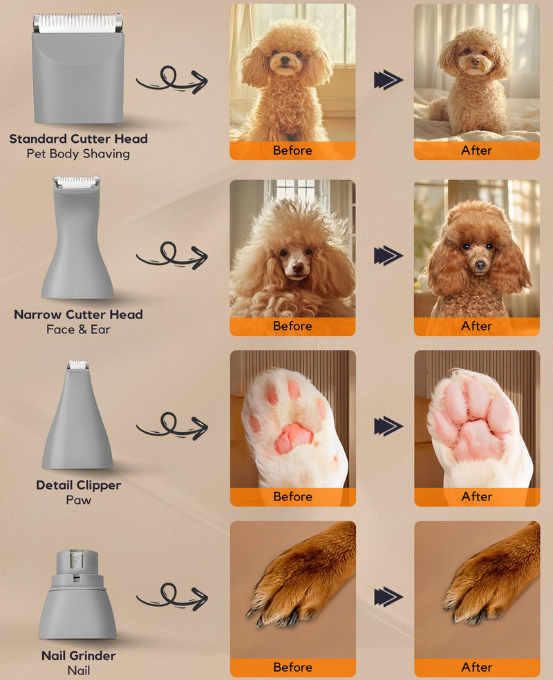 Dog Clippers Grooming Kit, 4 in 1 Quiet Cordless Dog Paw Trimmer & Nail Grinder, Small Dog Cat Clippers Electric Rechargeable Low Noise Pet Shaver for Trimming Hair on Paw Eye Ear Face Rump (Gray) Gray - PawsPlanet Australia
