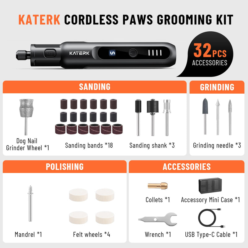 Katerk Pet Dog Nail Grinder - 5 Speed Quiet Electric Dog Nail Trimmer with 360°LED Light, 2500mAh Rechargeable, 32PCS Cordless Rotary Tool for Small Medium Large Dogs & DIY Sanding, Carving (Black) Black