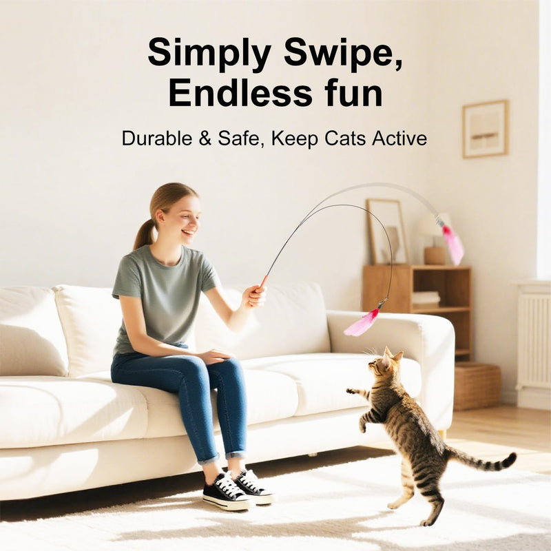 Cat Feather Wands with Replacement Feathers, Interactive Wand Toys, Feathers & Bell, Teaser Wand for Kittens and Adult Cats, Indoor Play to Exercise - PawsPlanet Australia