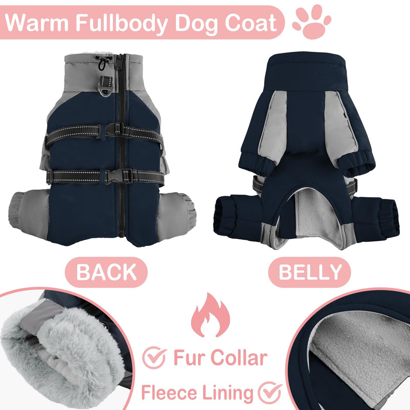 KOESON Four Legged Winter Dog Jacket with Adjustable Buckles, Turtleneck Windproof Fleece Jacket, Reflective Fullbody Puffer Coat Blue Grey L Large