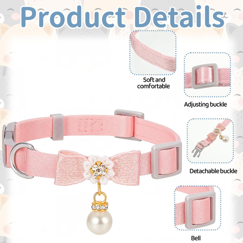 2 Pcs Adorable Cat Collar with Bow Cat Collar Breakaway Pink Cats Bows & Accessories Adjustable Cute Kitten Collars with Pearl Pendant for Girl Cats Pink - PawsPlanet Australia
