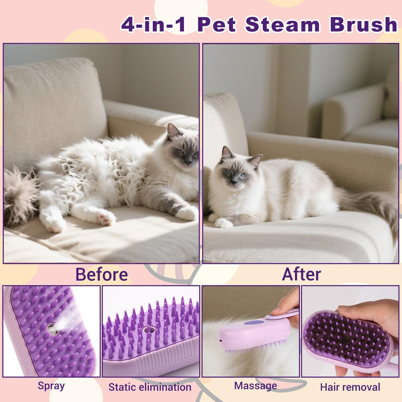 4-in-1 Pet Steam Brush for Dogs & Cats - Anti-Static Deshedding Grooming Tool with Massage & Cleaning for Long/Short Hair | Micro-B Rechargeable (Purple) - PawsPlanet Australia