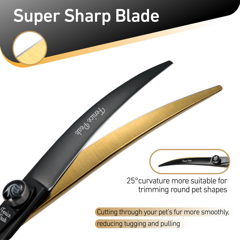 Fenice Peak 7'' Black Dog Grooming Scissors Goldern Curved Scissors with Ergonomic Offest Handle and Pattern Screw Pet Grooming Trimming Shears Durable and Sharp 440C 7'' - PawsPlanet Australia