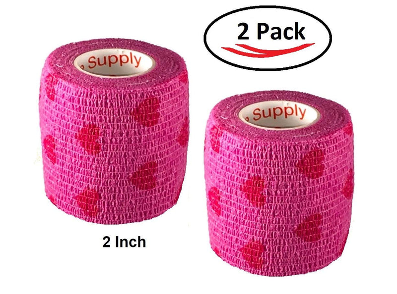 Vet Wrap Wrap Tape (Pink with Hearts) (2 Pack) (3 Inch x 15 feet) Self Adhesive Adherent Adhering Cohesive Flex Self Stick Bandage Grip Roll Dog Cat Pet Horse 2 Rolls