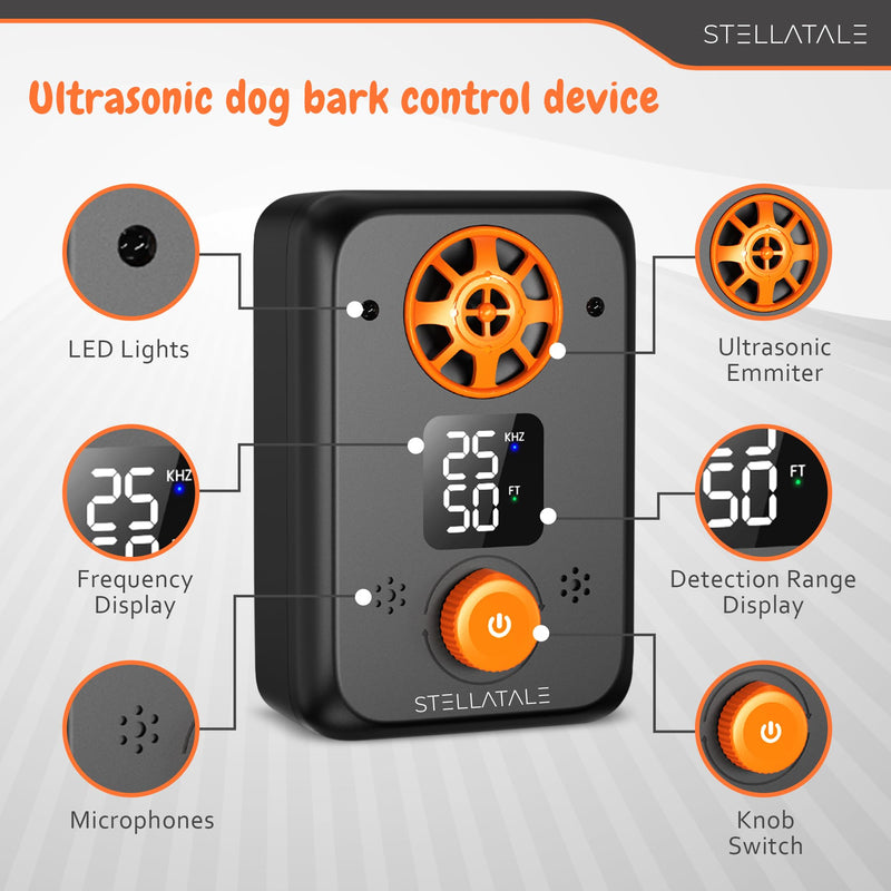 Ultrasonic Dog Barking Silencer, 5 Modes, Rechargeable, 50 Ft Range, Indoor & Outdoor Use, Black and Orange