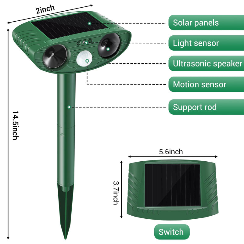 2 Pack Solar Animal Repeller Outdoor, Cat Deterrent with Ultrasonic & Flashing LED - Night Time Motion Activated Pest Control for Garden Yard to Repel Cats, Raccoons, Deer, Skunks, Squirrels Green - PawsPlanet Australia