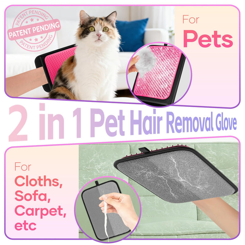 Dual-Sided Pet Hair Removal Glove, Pet Hair Remover, Soft Silicone Shedding Brush for Dogs & Cats, Pet Hair Gloves for Couch, Carpet, Clothing (Pink)